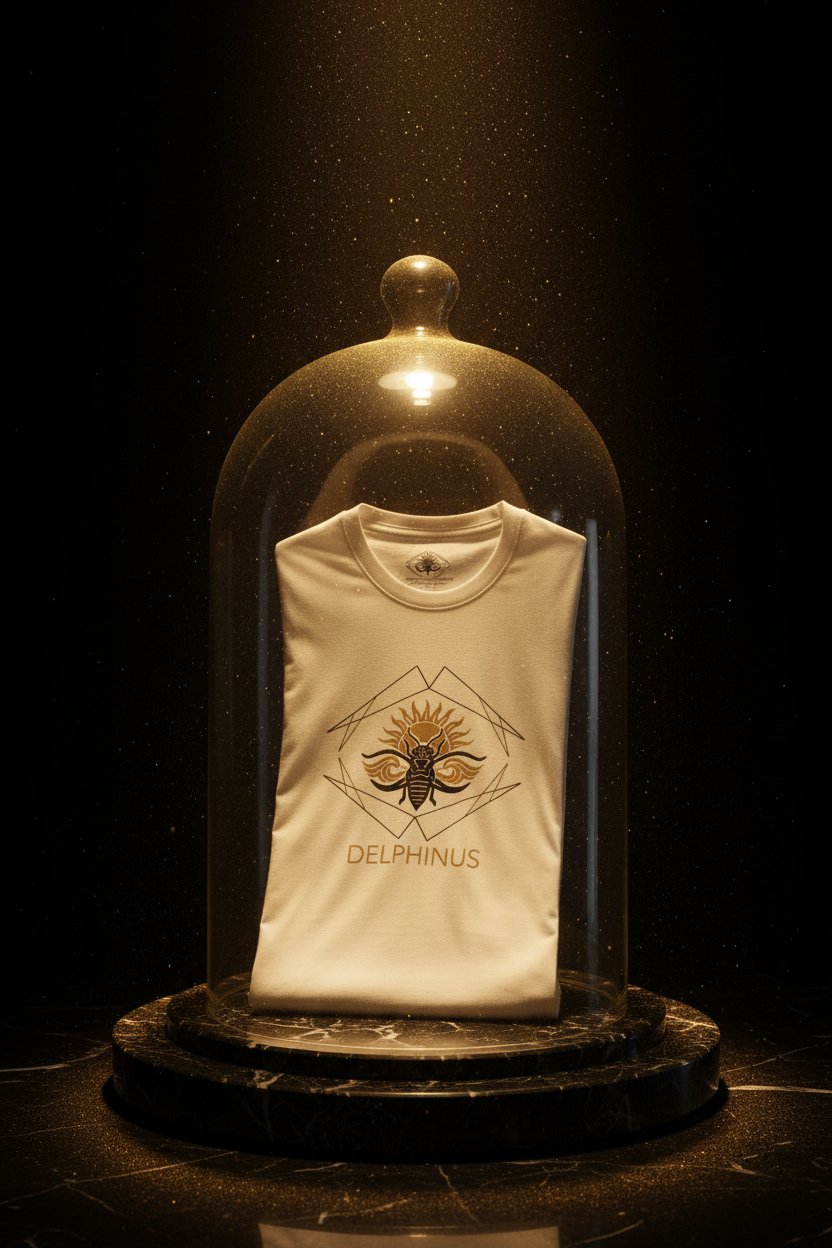 LE DELPHINUS – T-shirt unisexe blanc logo cigale noir et or sous cloche de verre, mise en scène premium DELPHINUS