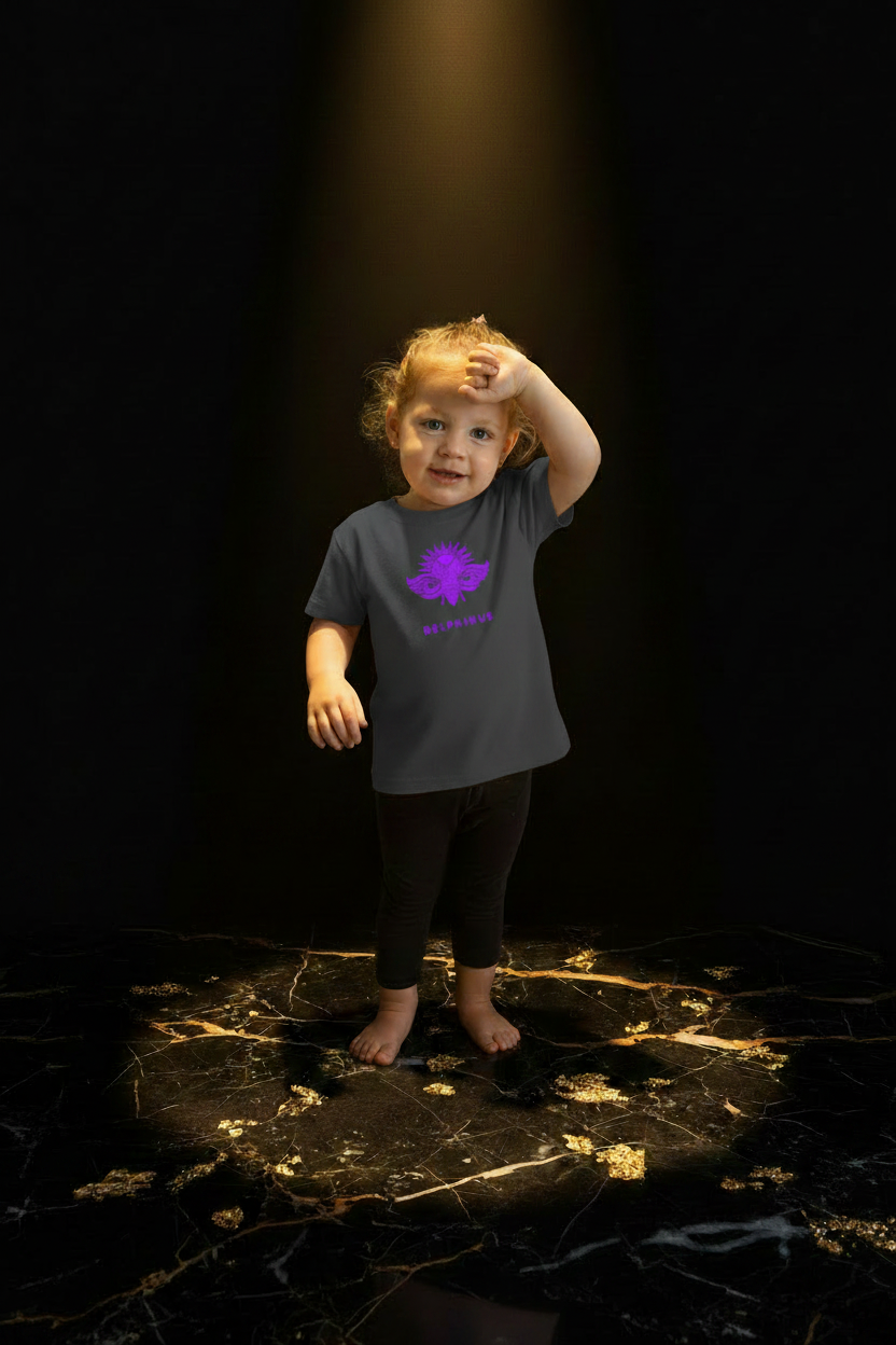 T-shirt enfant LE DIABLOTIN DELPHINUS – Gris Anthracite & Logo Violet – petite fille debout