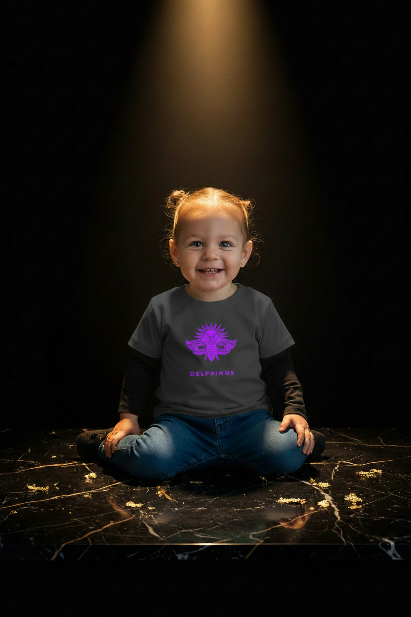 T-shirt enfant LE DIABLOTIN DELPHINUS – Gris Anthracite & Logo Violet – petite fille assise en tailleur