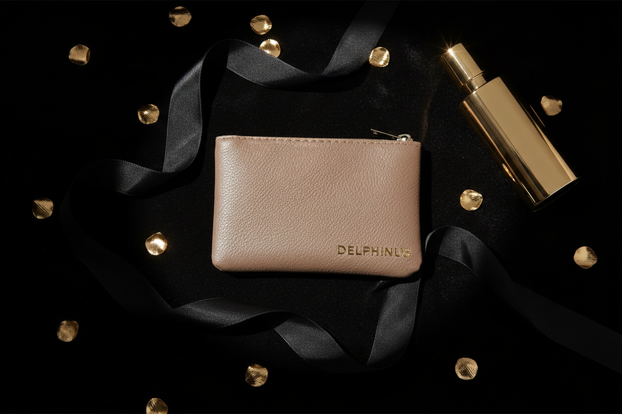 Le Discret — Porte-monnaie DELPHINUS taupe, flat lay velours noir, pétales dorés et accessoires luxe