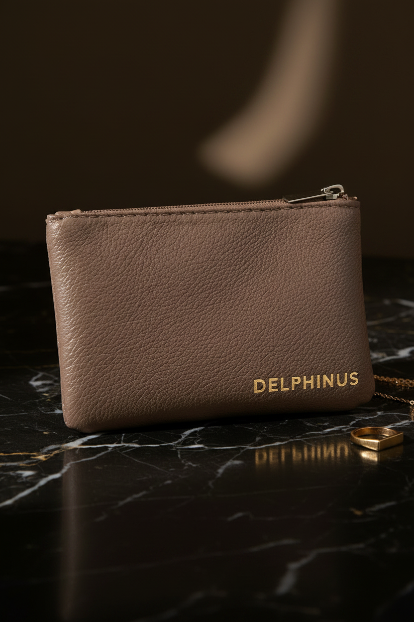 Le Discret — Gros plan porte-monnaie DELPHINUS taupe, inscription dorée et texture cuir vintage, marbre noir