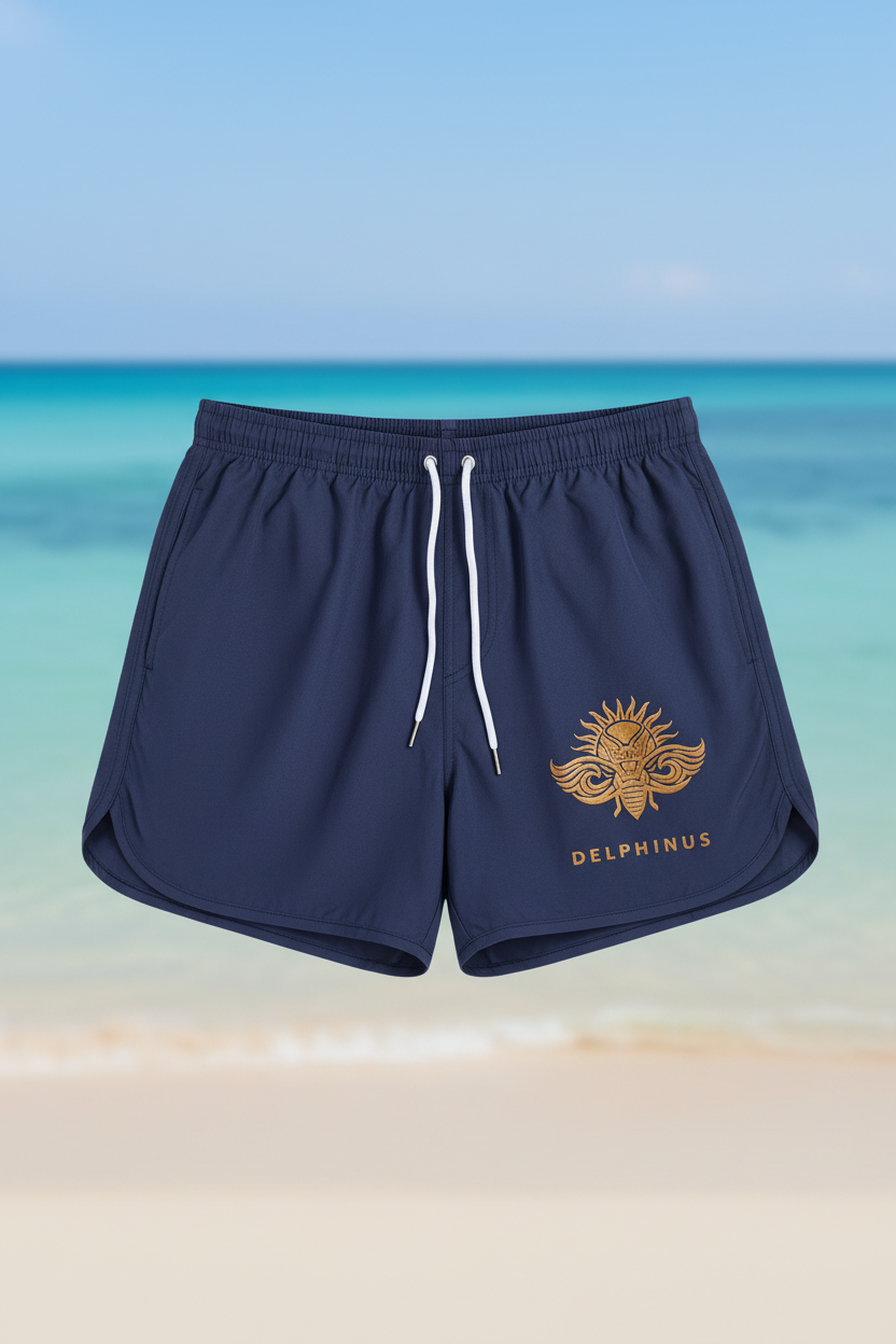 LE FARNIENTE – short bleu marine face cordon blanc logo cigale doré DELPHINUS, fond plage