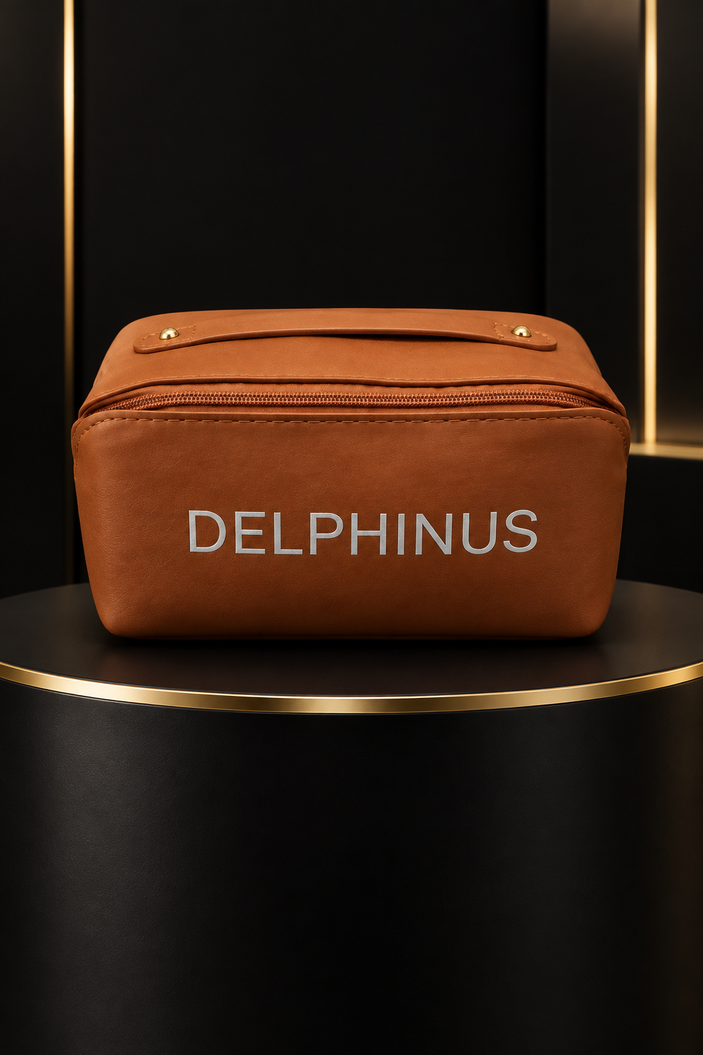 L'ICONIQUE – trousse en similicuir marron cognac dans un décor contemporain noir et or, idée cadeau, DELPHINUS