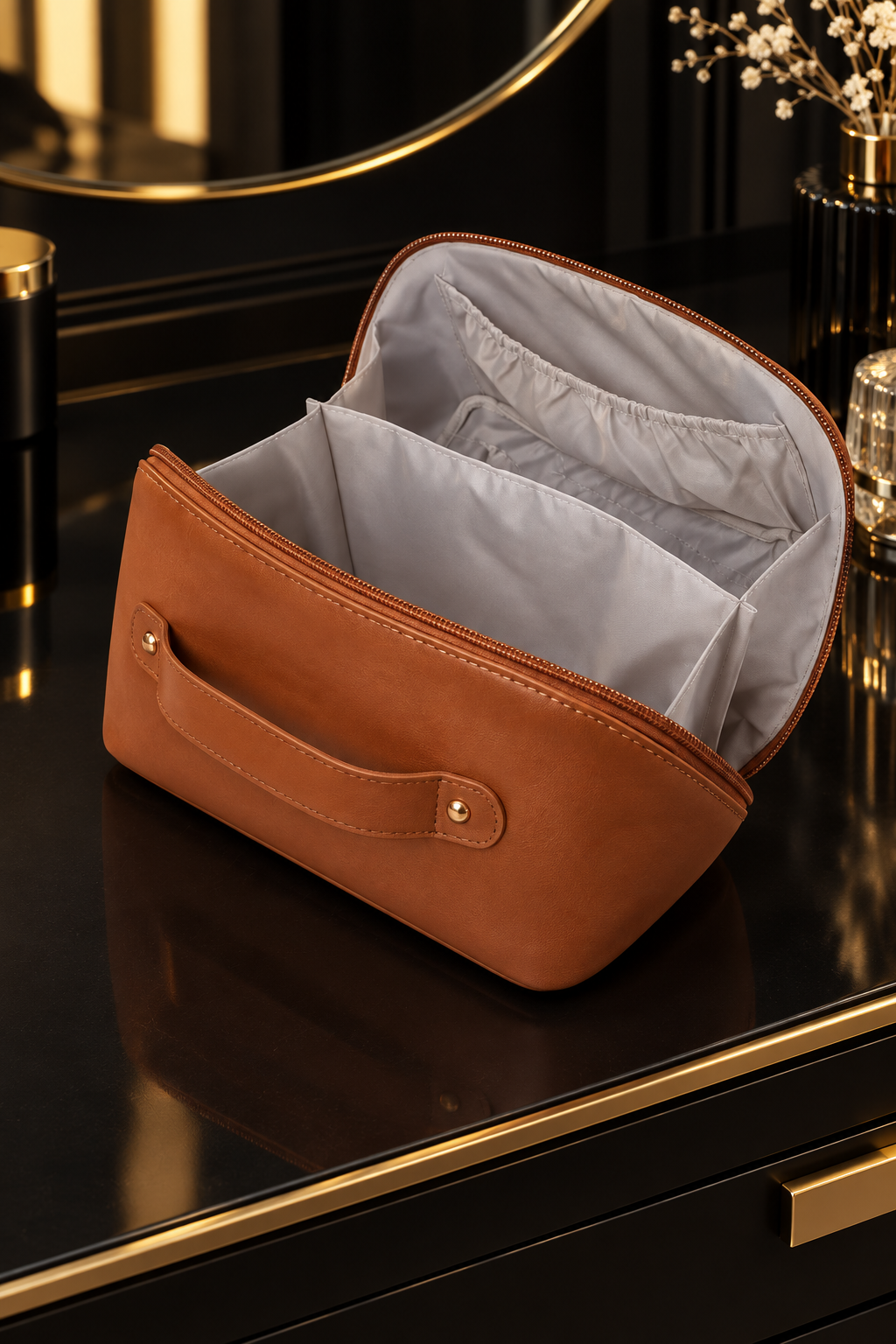 L'ICONIQUE – trousse en similicuir marron cognac ouverte, intérieur compartimenté, DELPHINUS