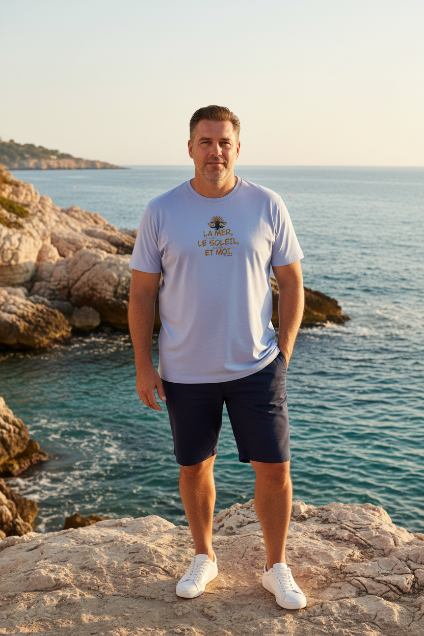 LE LAVANDIN CURVE – Homme curve 45 ans en short marine et t-shirt lavande, côte rocheuse méditerranéenne, DELPHINUS