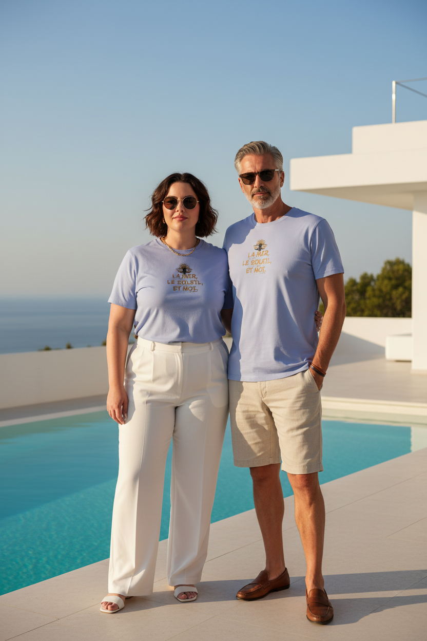 LE LAVANDIN CURVE – Couple curve 45 ans en t-shirts lavande, terrasse villa méditerranéenne avec piscine, DELPHINUS