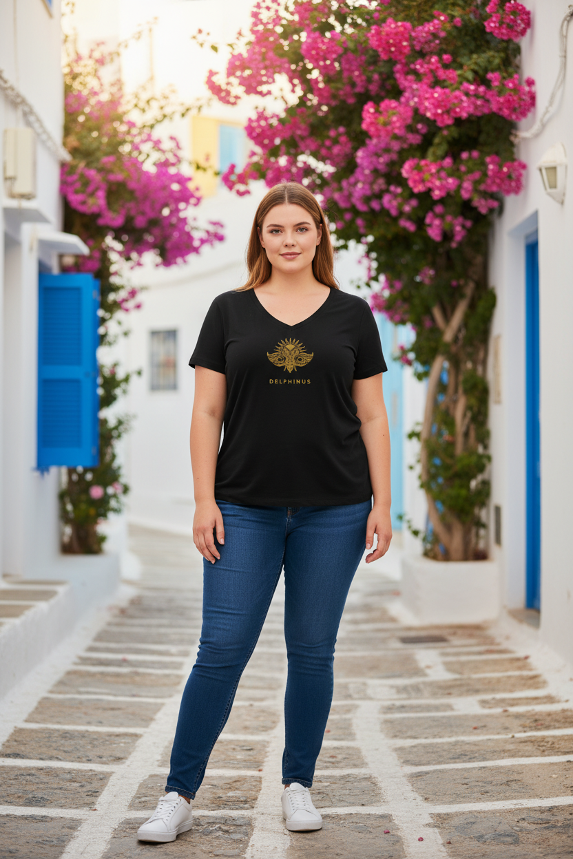 LE PRÉCIEUX CURVE – Jeune femme très curve 20 ans en jean slim et t-shirt noir col V logo cigale or, ruelle village méditerranéen, DELPHINUS