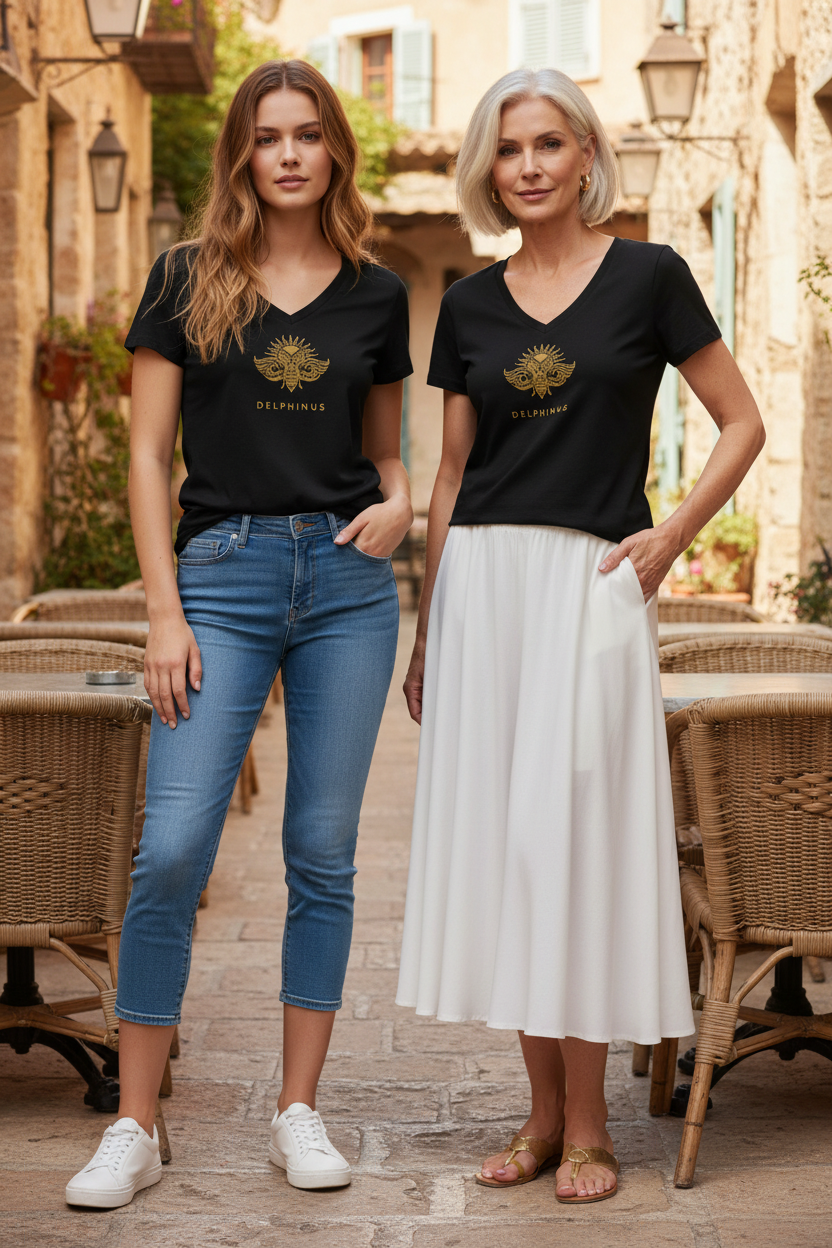 LE PRÉCIEUX – Duo femme 20 ans pantacourt jean et femme 50 ans jupe blanche, t-shirts noirs col V logo cigale or, café de village méditerranéen, DELPHINUS