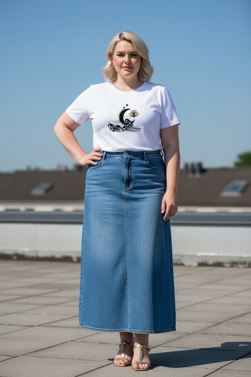 LE PRESTIGE CURVE – t-shirt collector grandes tailles blanc design lune vagues dauphin DELPHINUS, femme 35 ans jupe longue jean rooftop été, DELPHINUS