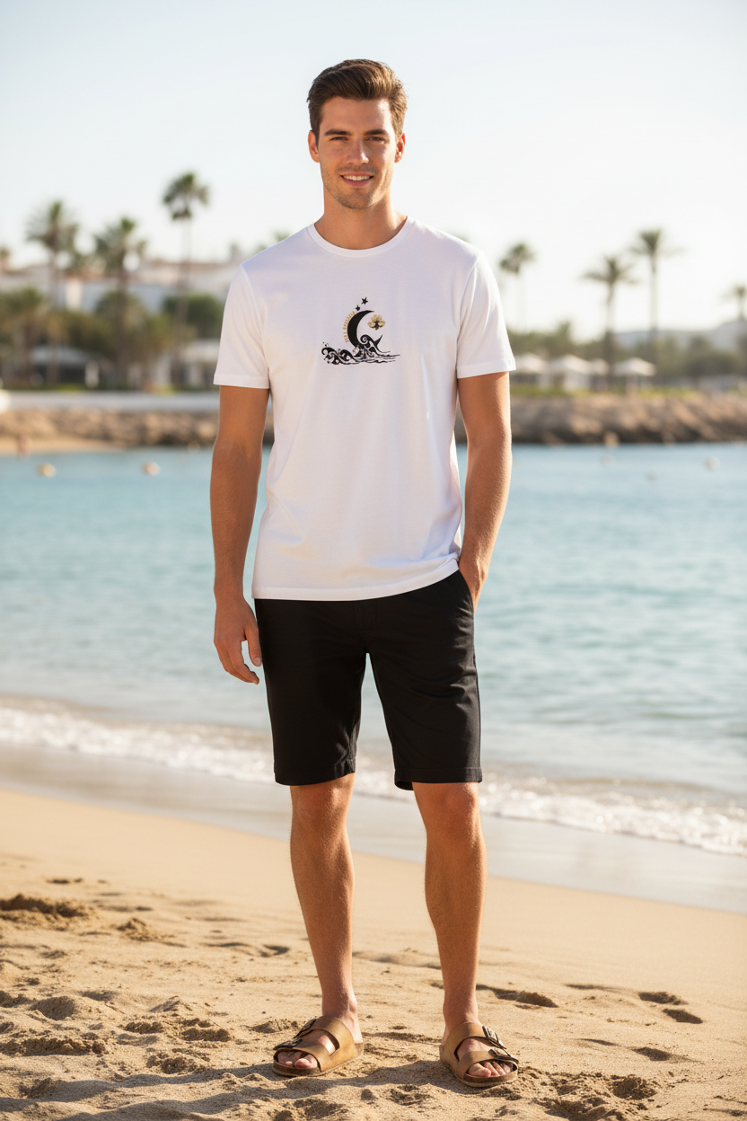 LE PRESTIGE – t-shirt collector unisexe blanc design lune vagues dauphin DELPHINUS, homme 25 ans short noir plage méditerranéenne, DELPHINUS
