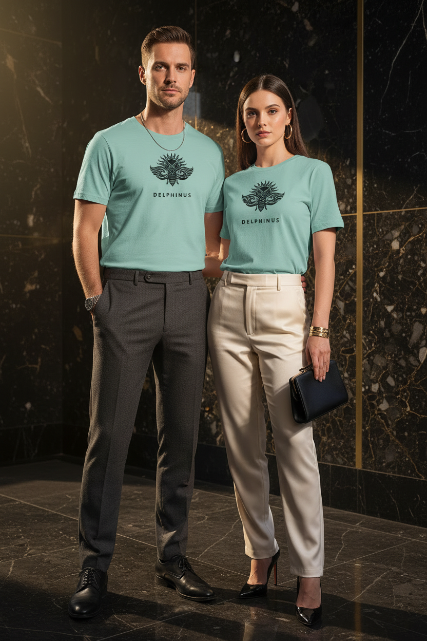 T-shirt Le Provençal DELPHINUS — Duo homme et femme, style élégant, Vert Sauge et logo Noir