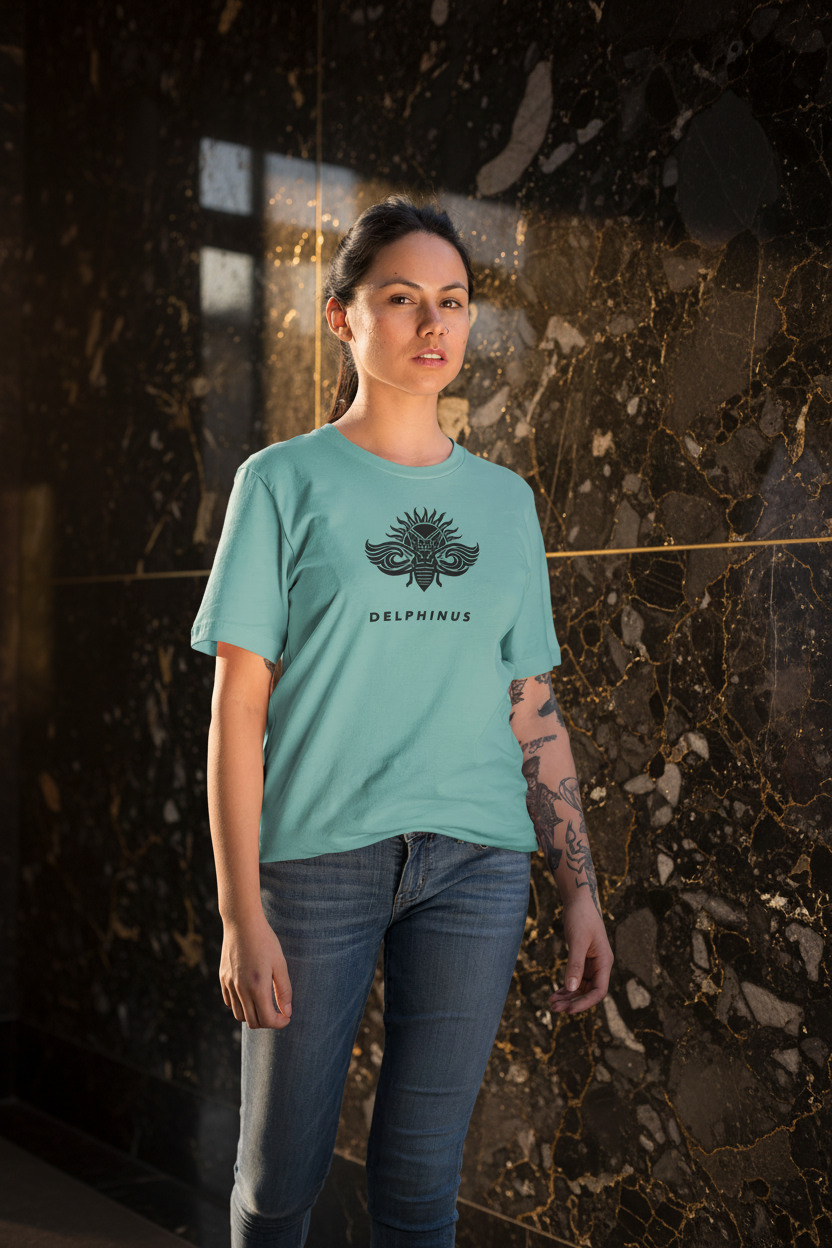 T-shirt Le Provençal DELPHINUS — Femme seule, mise en scène premium, Vert Sauge et logo Noir