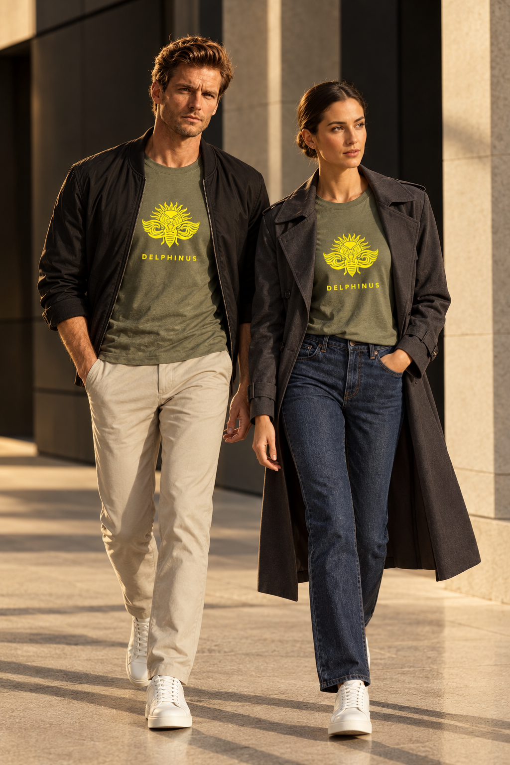 LE REBELLE – couple en mouvement portant le tee-shirt unisexe kaki au logo jaune, ambiance automnale premium, DELPHINUS