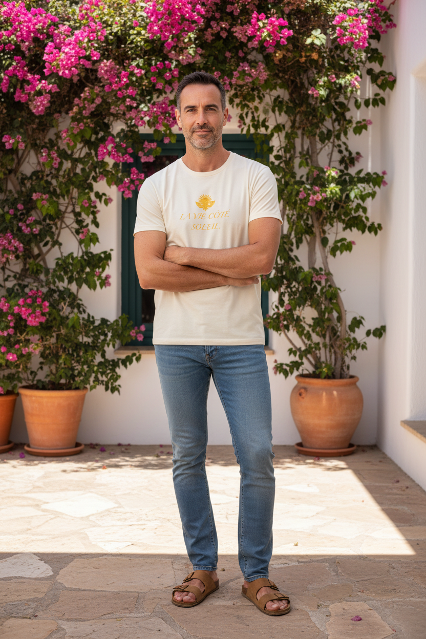 LE REFLET – t-shirt unisexe ivoire "La Vie Côté Soleil" jaune, homme 40 ans jean slim bleu terrasse bougainvilliers, DELPHINUS