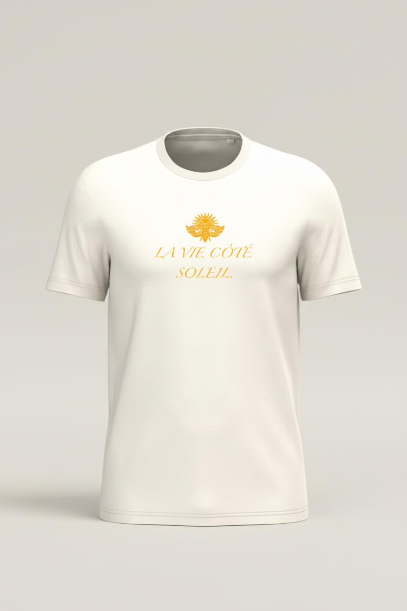 LE REFLET – t-shirt unisexe ivoire phrase "La Vie Côté Soleil" cigale jaune DELPHINUS, fond sable