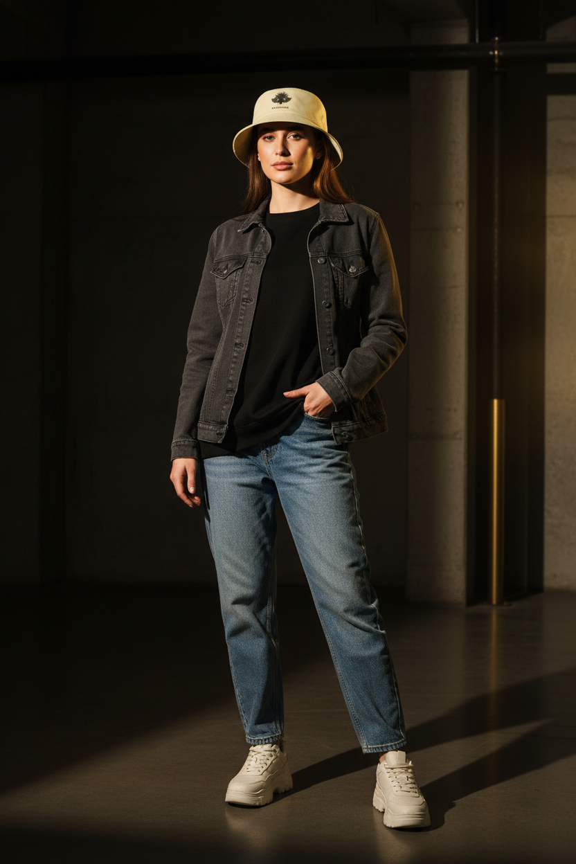 Le Rivage — Bob beige DELPHINUS porté par une jeune femme en tenue moderne, logo cigale noir visible sur le devant, style lifestyle premium, lumière dorée dramatique