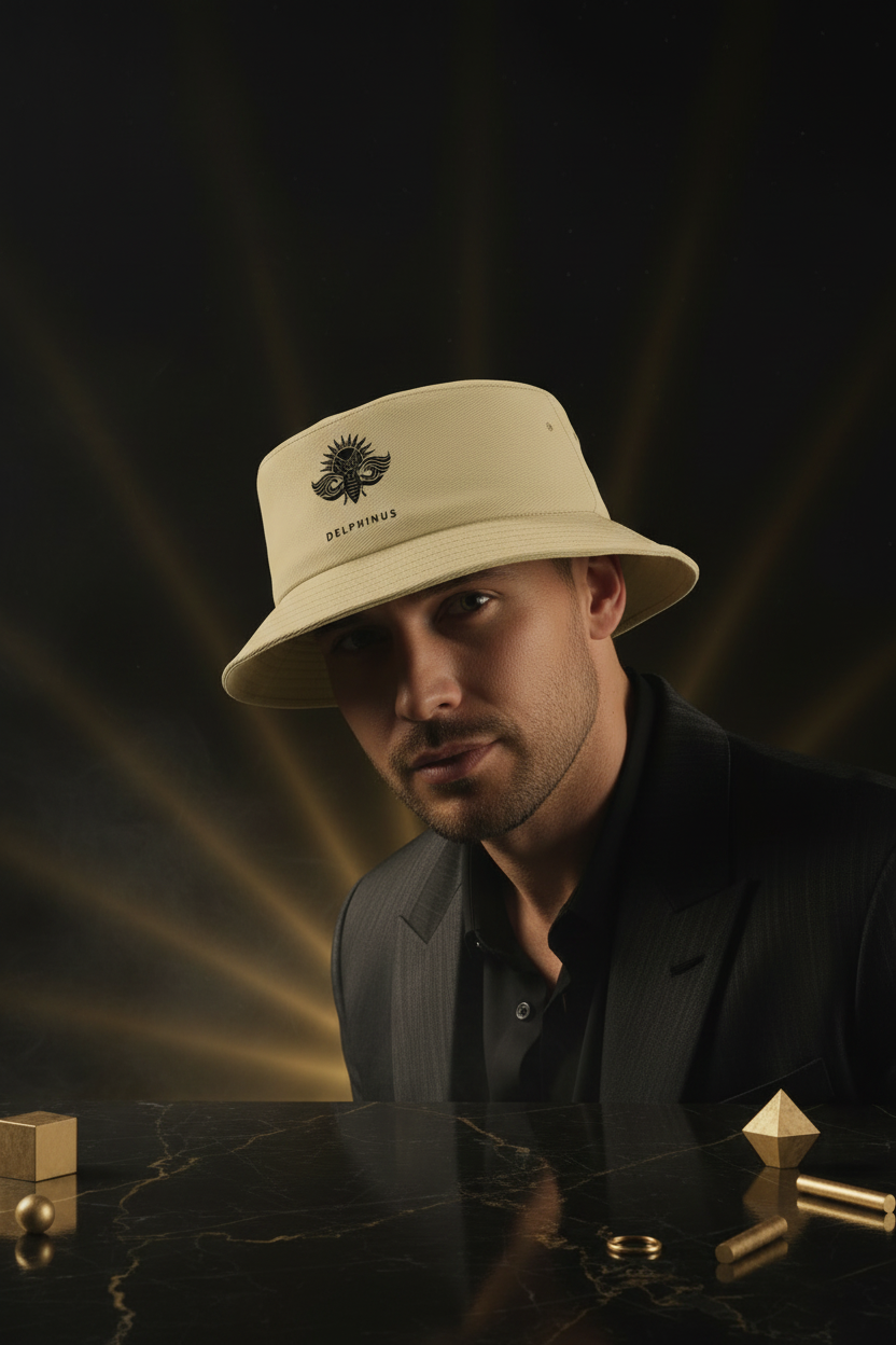 Le Rivage — Bob beige DELPHINUS porté par un homme européen, logo cigale noir visible sur le devant, style moderne et premium, lumière dorée dramatique