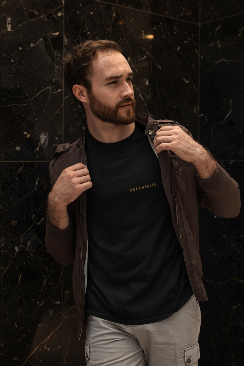 T-shirt oversize LE Signature DELPHINUS - homme face, coloris Noir Onyx & Or, mise en scène premium