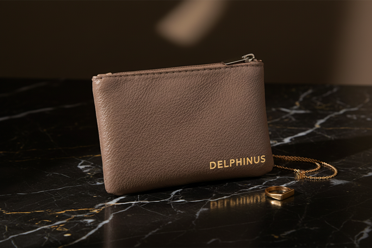Le Discret — Porte-monnaie DELPHINUS taupe, inscription dorée, mise en scène éditoriale noir et or
