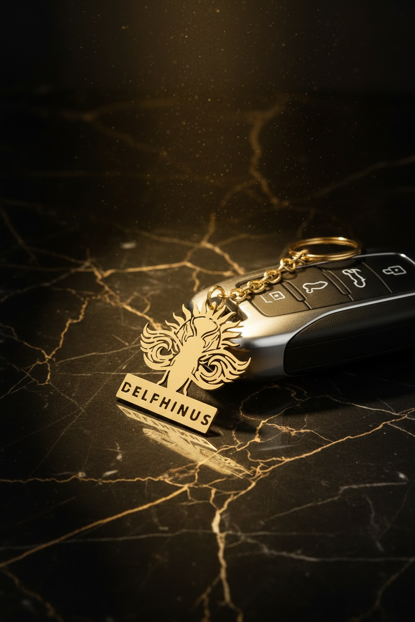 Porte-clé posé sur portefeuille noir, marbre noir L'Empreinte DELPHINUS — porte-clé cigale en alliage doré découpé laser, posé sur un portefeuille en cuir noir sur marbre. L'accessoire qui sublime le quotidien