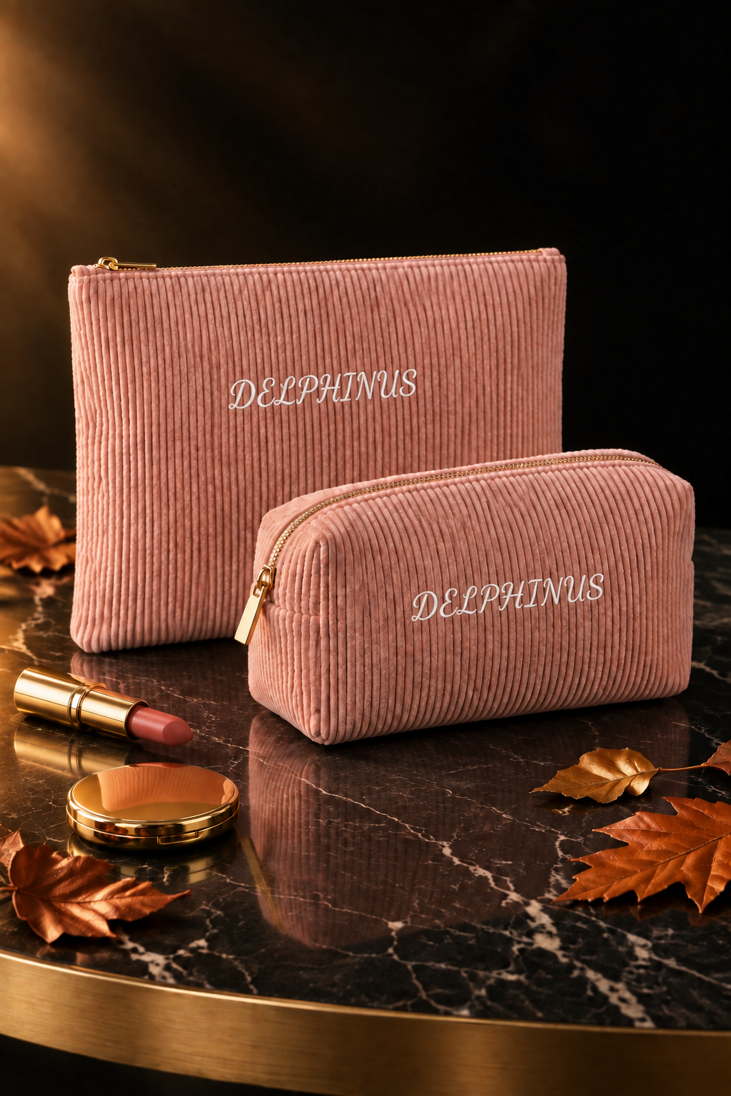 LES SAINTOISES – duo de trousses en velours côtelé rose poudré sur marbre noir et or, ambiance automnale premium, DELPHINUS