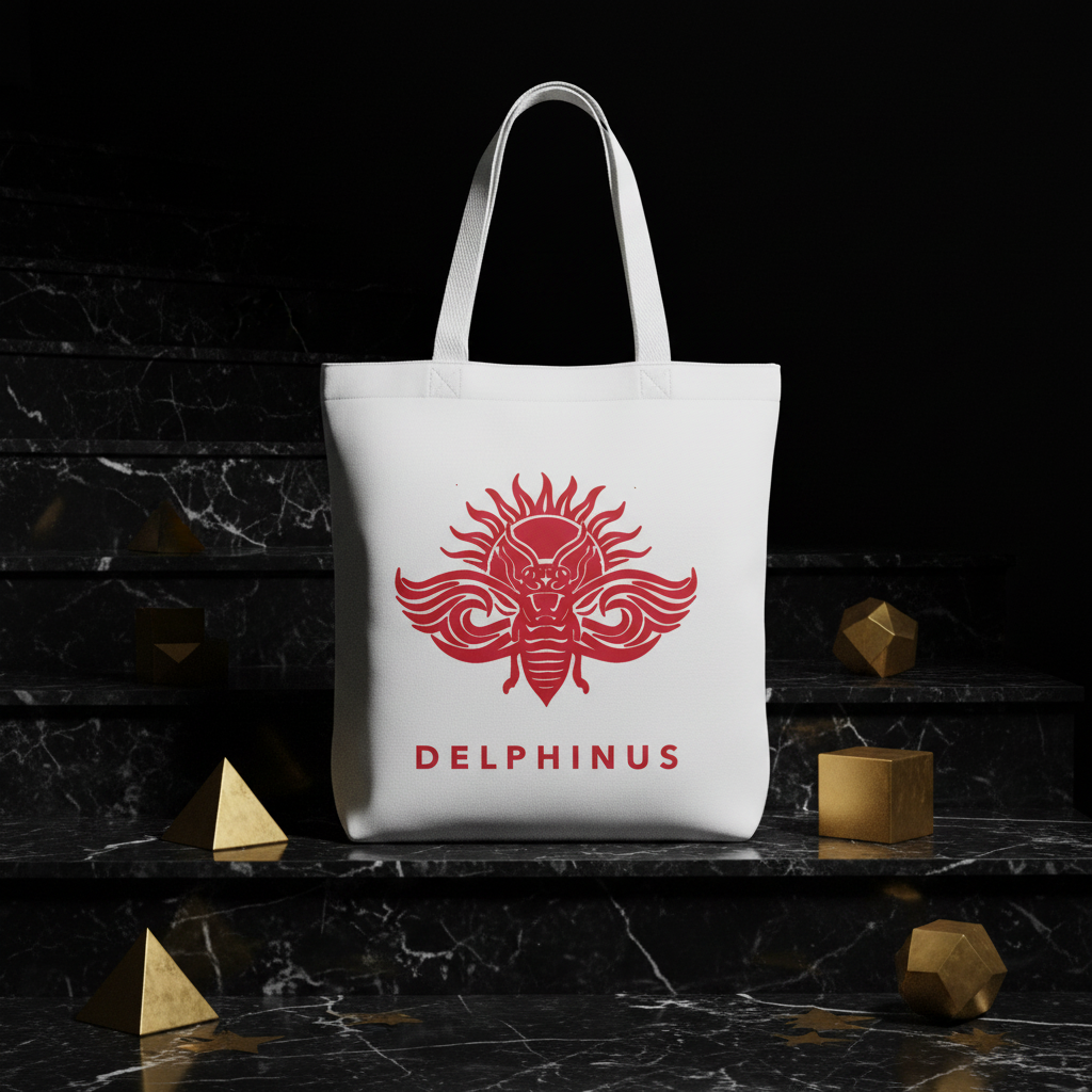 Tote bag L'ESTIVAL DELPHINUS — toile blanc cassé, logo cigale rouge — mise en scène marbre noir et or