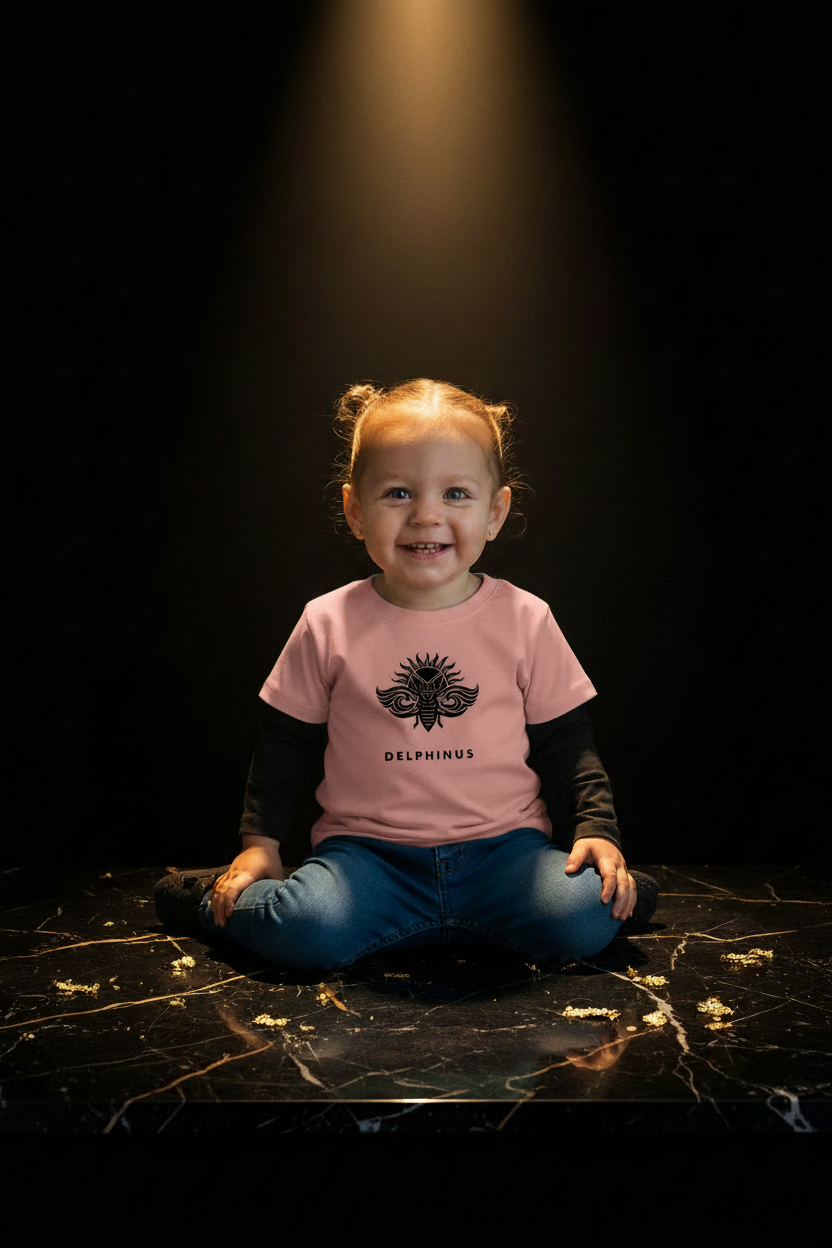 -shirt enfant L'HÉRITIÈRE Aria DELPHINUS – Rose & Logo Noir – petite fille souriante plein pied