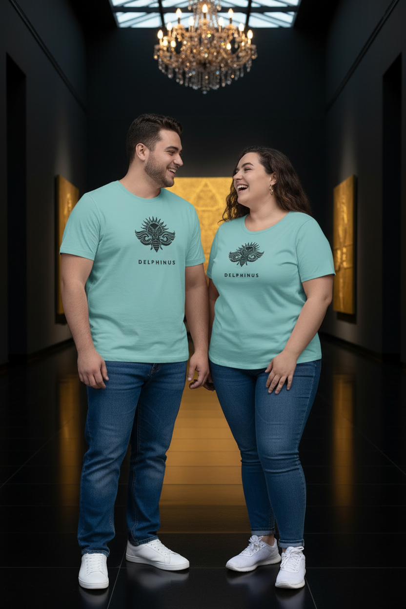 T-shirt L'Horizon DELPHINUS — Couple 20-25 ans Curve, jeans décontracté, mise en scène premium noir et or, Vert Lagon et logo Noir
