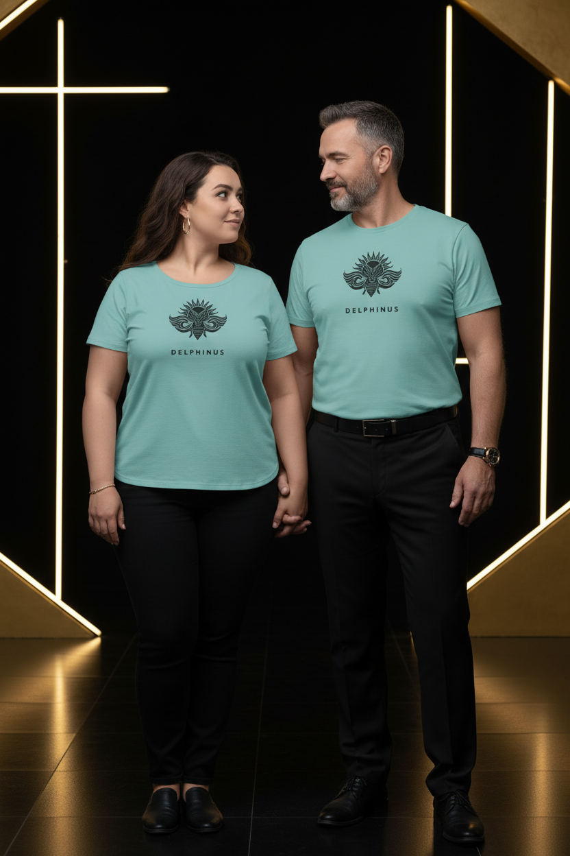 T-shirt L'Horizon DELPHINUS — Couple 50 ans Curve, élégant premium, mise en scène noir et or, Vert Lagon et logo Noir