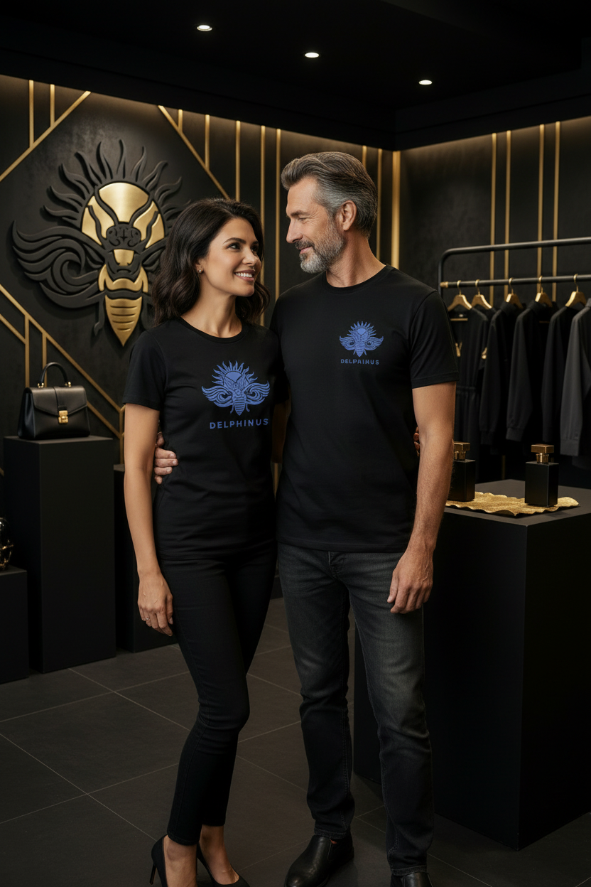 L'Impérial – T-shirt unisexe noir logo bleu DELPHINUS, porté par un couple élégant 55 ans, boutique premium noir et or
