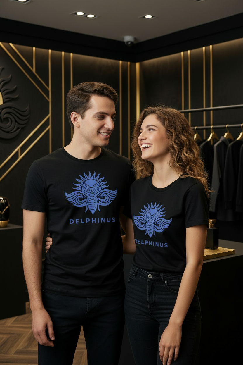 L'Impérial – T-shirt unisexe noir logo bleu  DELPHINUS, porté par un couple jeune, mise en scène premium noir et or