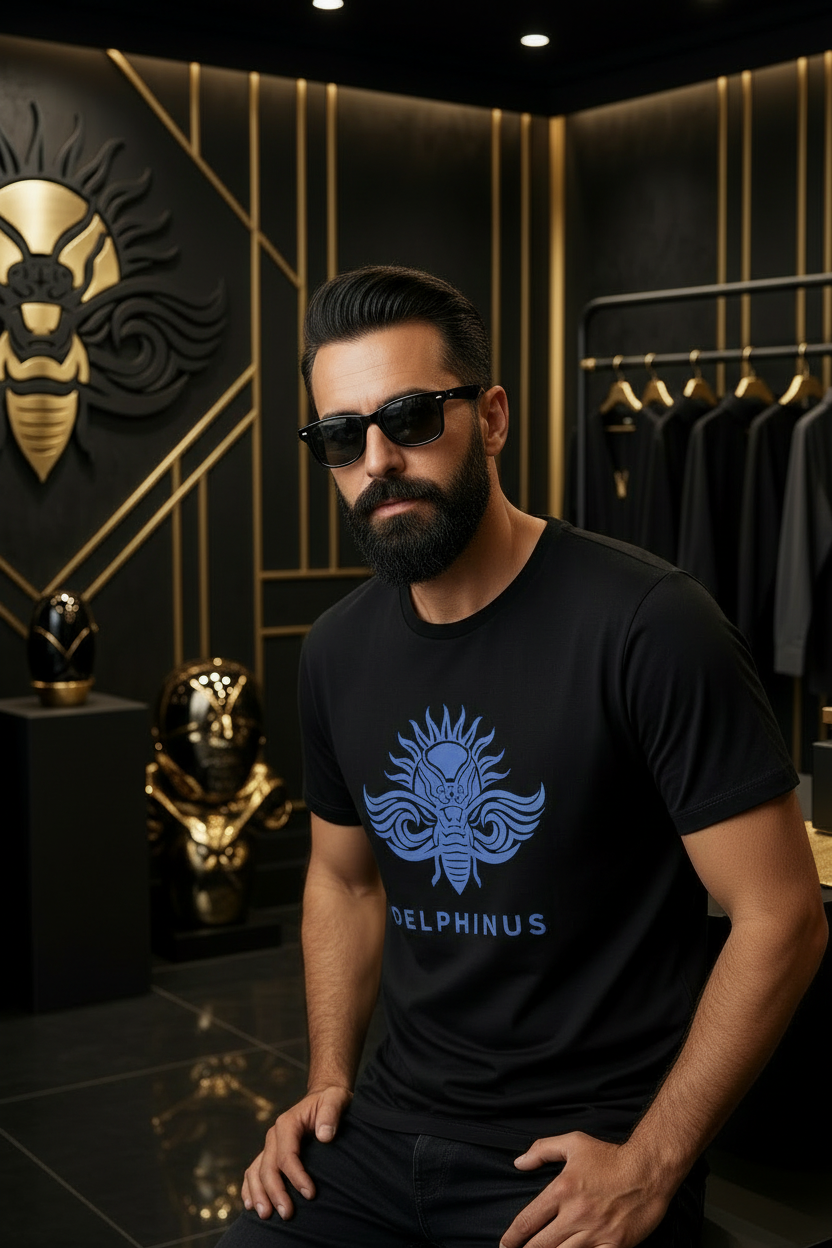 L'Impérial – T-shirt unisexe noir logo bleu DELPHINUS, porté par un homme 40 ans barbe noire lunettes de soleil, ambiance premium