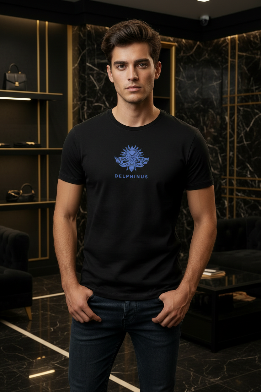 L'Impérial – T-shirt unisexe noir logo bleu DELPHINUS, porté par un jeune homme en jeans décontracté, mise en scène noir et or