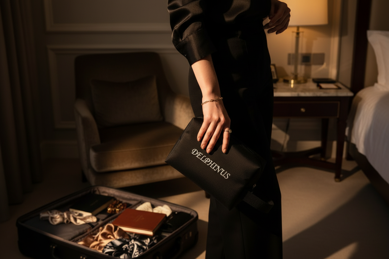  Femme élégante, voyage L'Intrépide DELPHINUS — pochette oxford noire tenue par une femme élégante en déplacement, ambiance hôtel ou aéroport, lumière dorée. La compagne idéale de chaque voyage.
