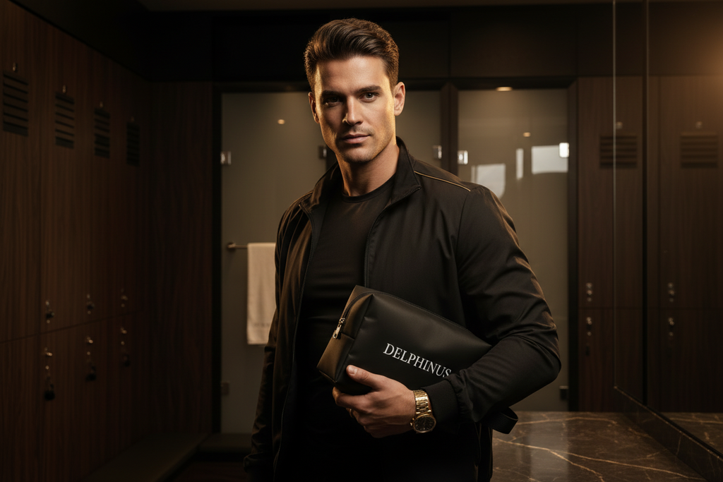 Homme élégant, salle de sport L'Intrépide DELPHINUS — pochette oxford noire portée par un homme élégant dans un cadre sportif, lumière dorée dramatique. L'accessoire qui accompagne chaque performance.