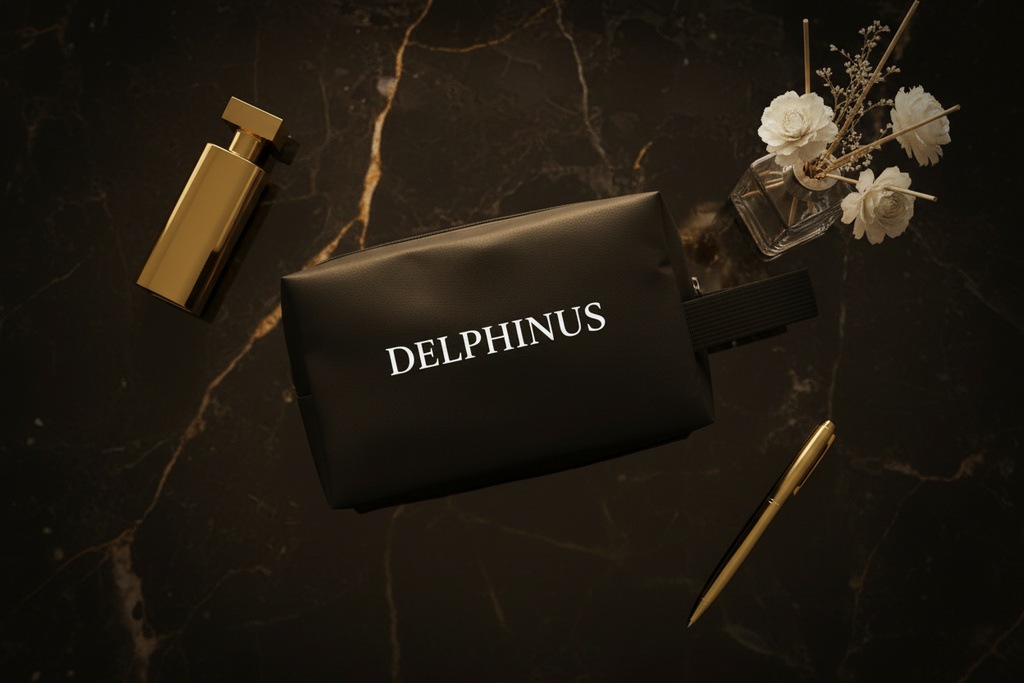 Flat lay sur marbre noir, vue du dessus L'Intrépide DELPHINUS — pochette oxford noire en flat lay sur marbre noir, entourée d'un parfum doré, fleurs blanches et stylo or. Légère, pliable, résistante — l'essentiel du quotidien.