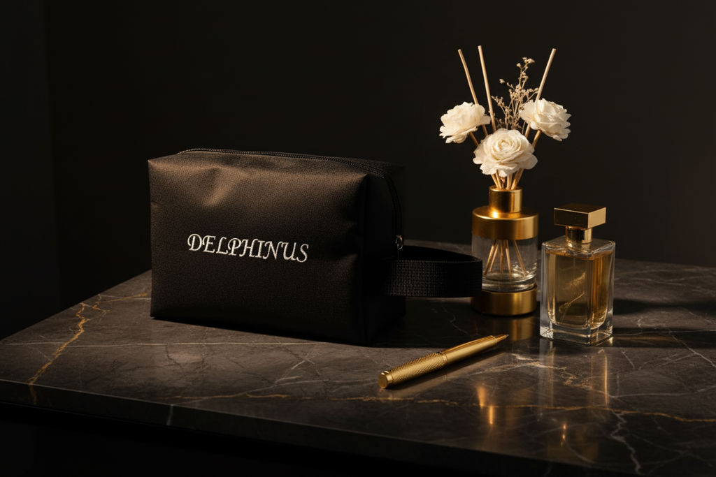 Pochette posée sur marbre, vue de face, accessoires dorés L'Intrépide DELPHINUS — pochette oxford noire inscription DELPHINUS en blanc, posée sur marbre noir, entourée d'un diffuseur fleurs blanches, d'un flacon de parfum et d'un stylo dorés. Élégance et praticité réunies.