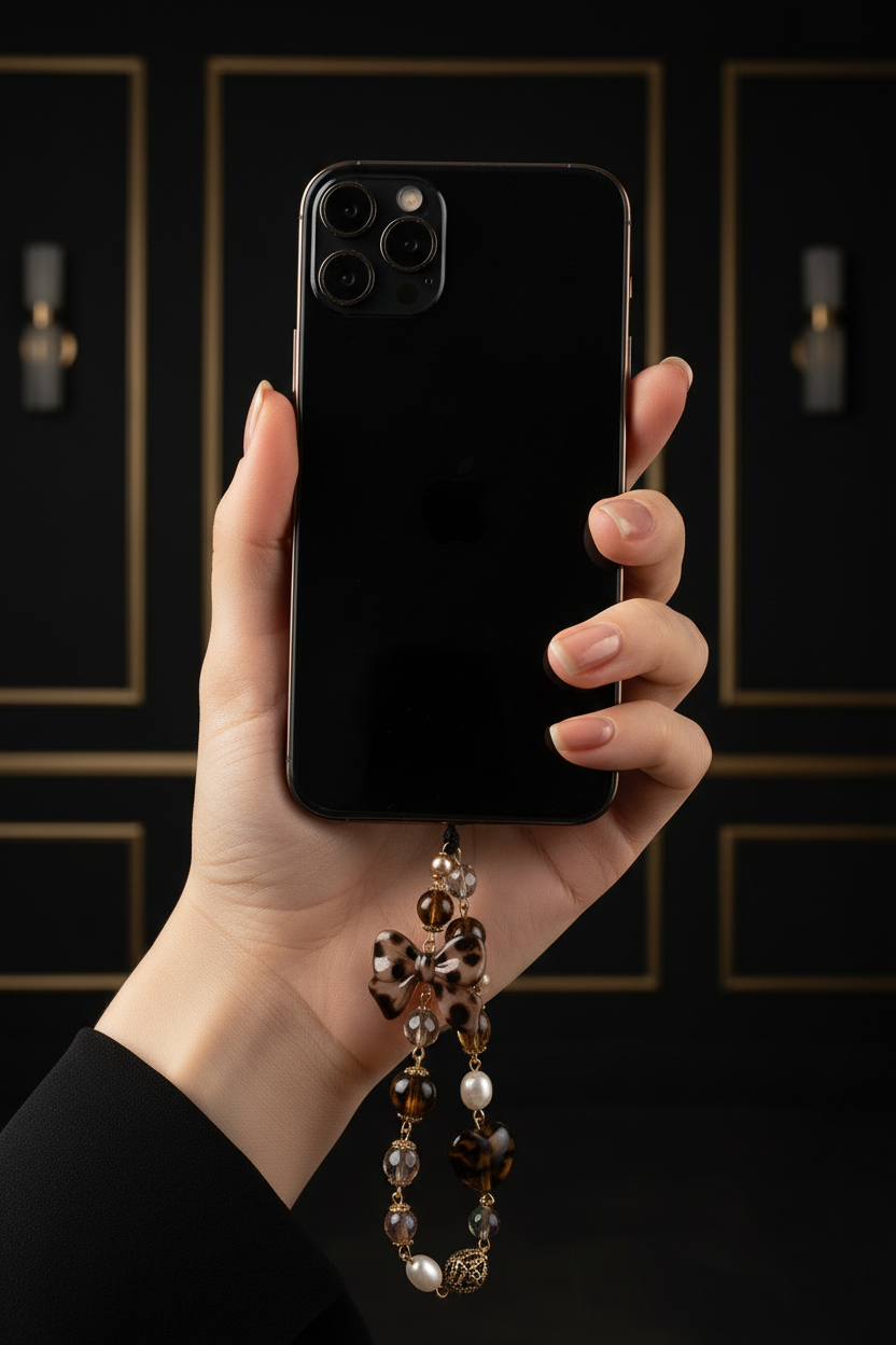Bijou de téléphone – accessoire à perles brunes et nacrées suspendu à un smartphone noir, DELPHINUS