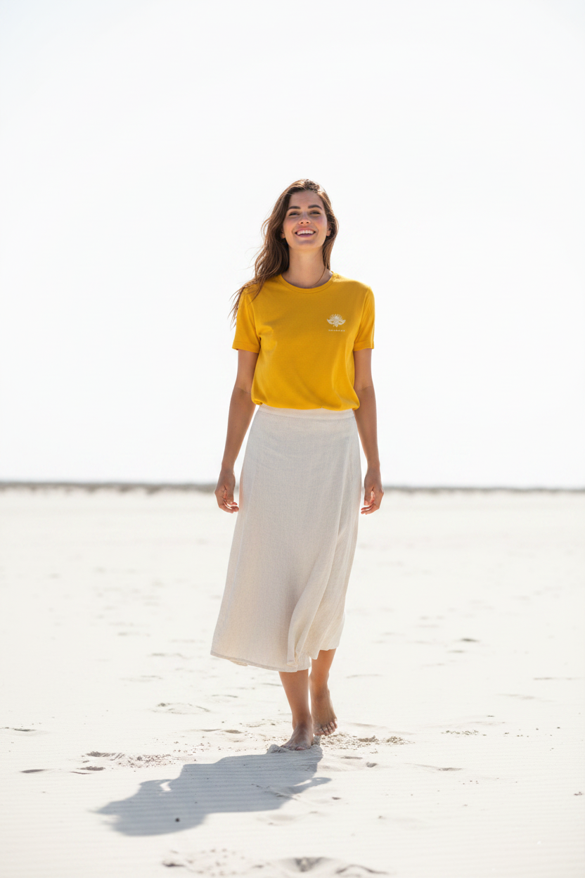 LE JUILLETISTE Sun Yellow – T-shirt unisexe jaune doré logo cigale blanc, homme décontracté marchant pieds nus sur la plage, lumière méditerranéenne, DELPHINUS