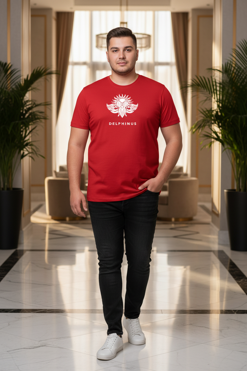L'ABSOLU – T-shirt unisexe rouge logo cigale blanc centré, homme jeune curve décontracté, lobby hôtel luxe, DELPHINUS