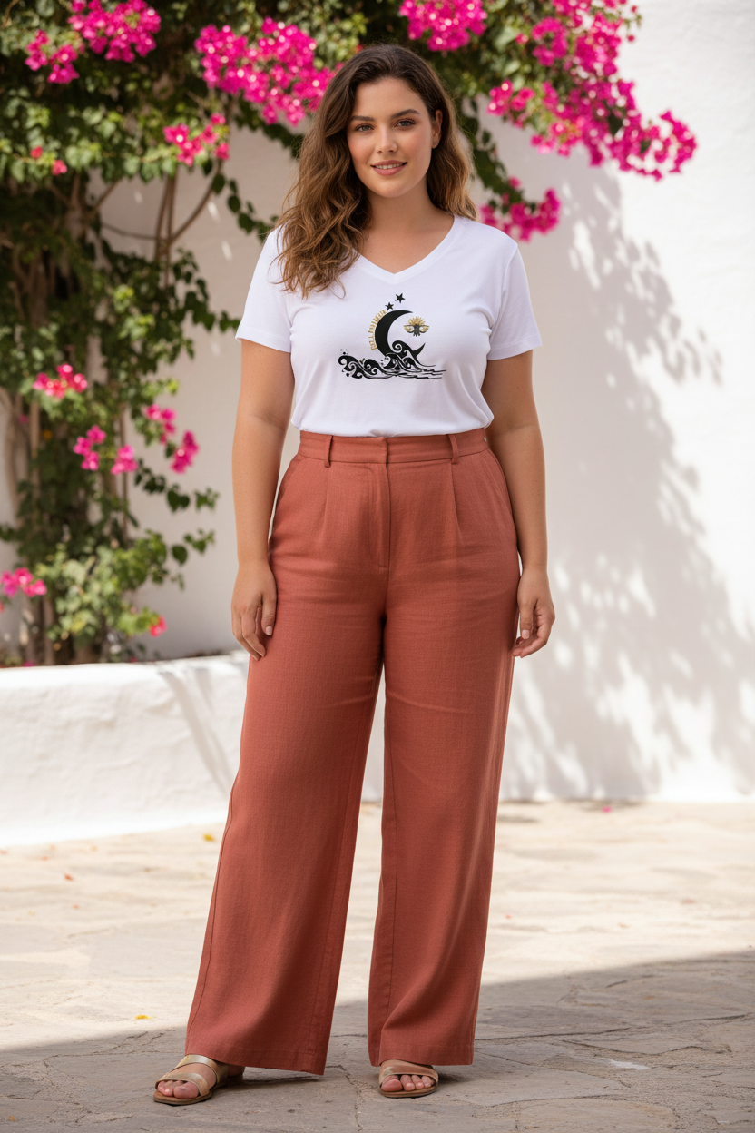 LE FANTASTIQUE CURVE – T-shirt col V collector femme blanc design lune vagues cigale dorée, femme curve élégante en terrasse méditerranéenne vue mer, DELPHINUS