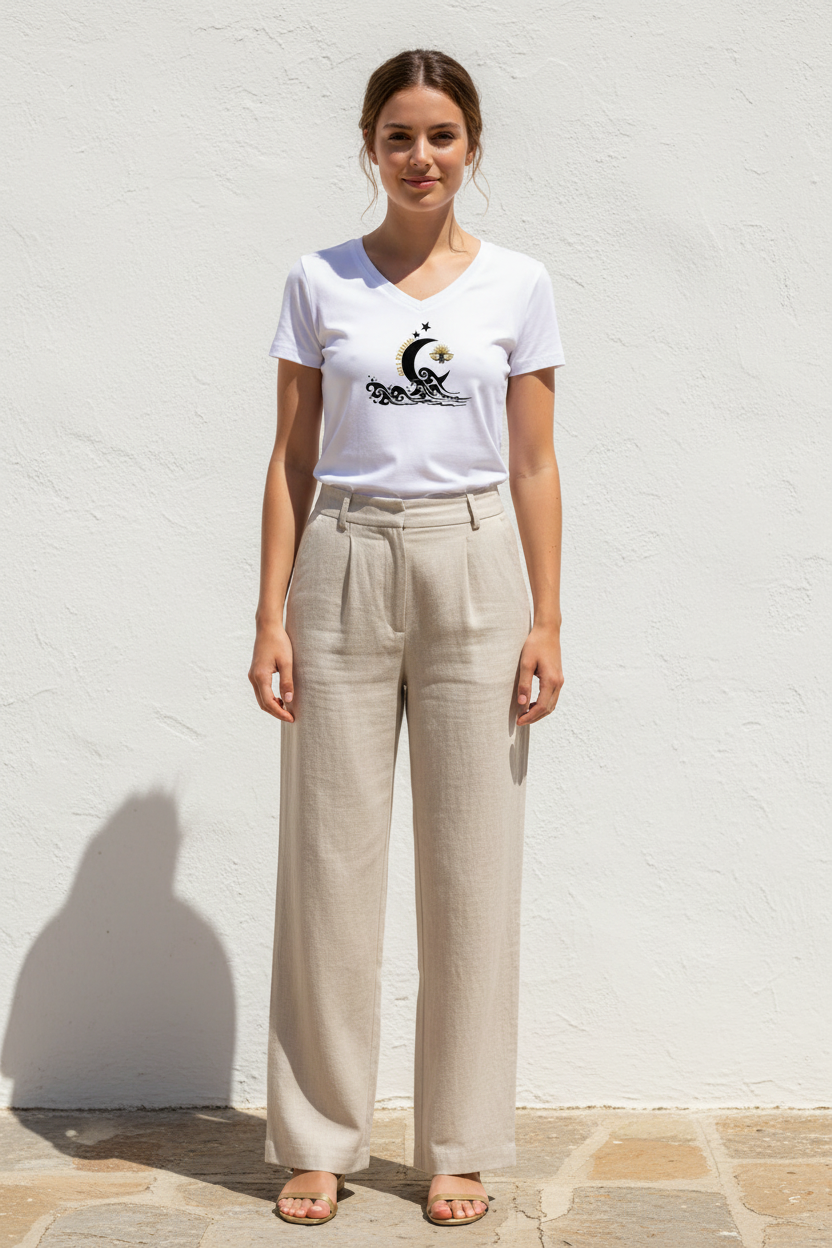 LE FANTASTIQUE – T-shirt col V collector femme blanc design lune vagues cigale dorée, femme élégante en terrasse méditerranéenne vue mer, DELPHINUS