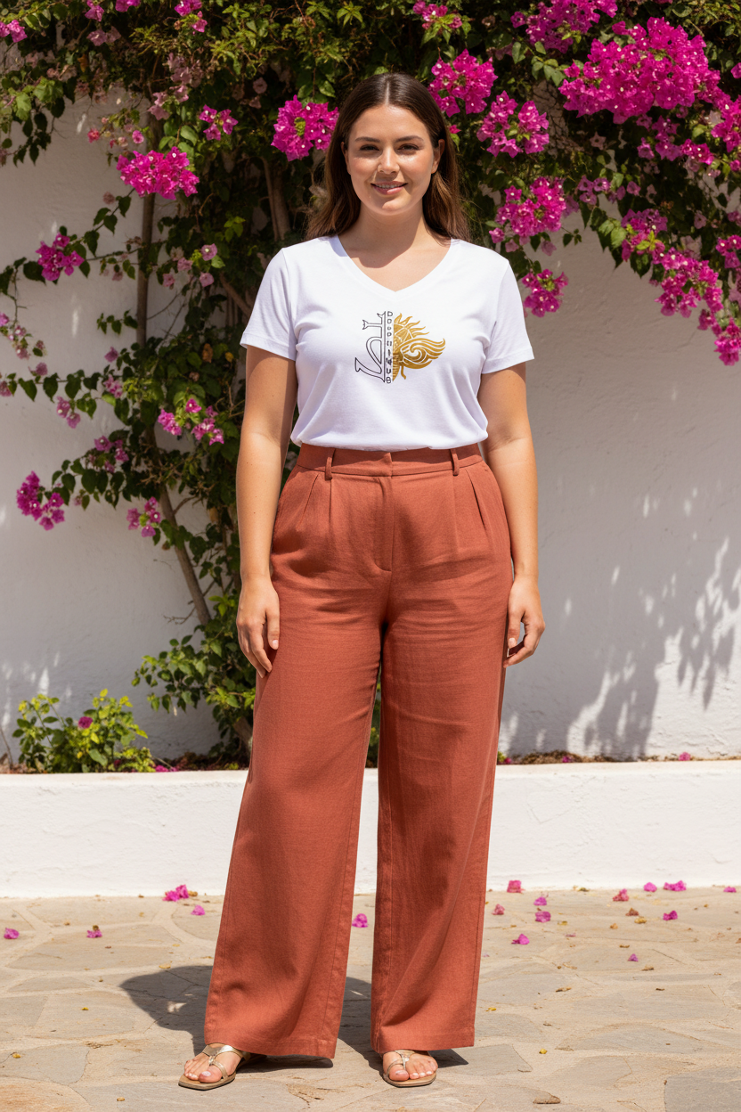 LE ROYAL CURVE – T-shirt col V collector femme blanc logo bicolore noir et or, jeune femme curve confiante, mur ensoleillé Sud de France, DELPHINUS