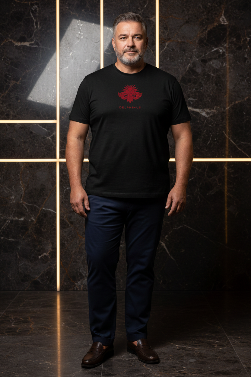 LA SINGULIÈRE – T-shirt unisexe noir logo cigale bordeaux centré, homme mature curve élégant, ambiance lobby luxe, DELPHINUS