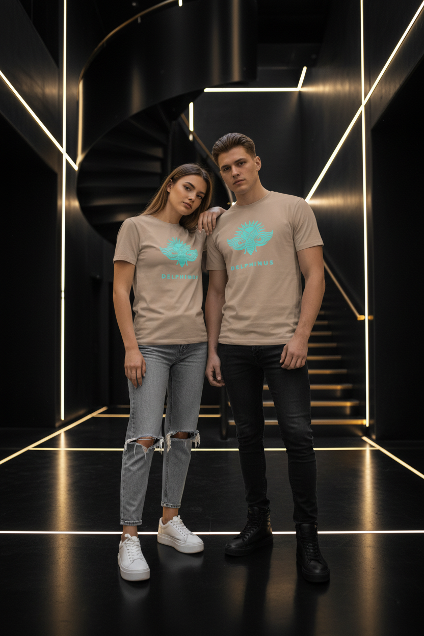 jeune-génération- duo homme et femme-  T-shirt L'Évasion DELPHINUS — Jeune génération, Brown et logo Bleu Turquoise