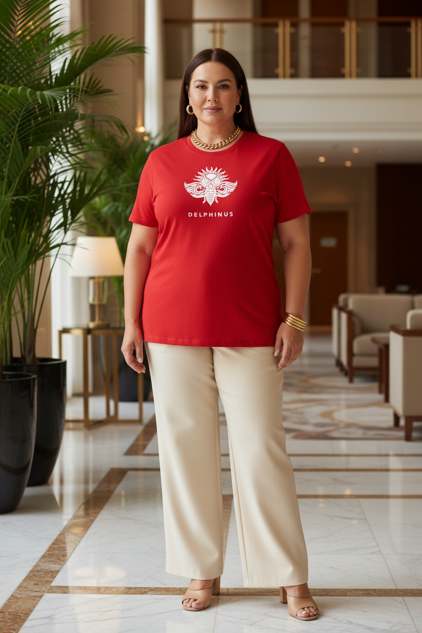 L'ABSOLU – T-shirt unisexe rouge logo cigale blanc centré, femme mature curve élégante, ambiance luxe dorée, DELPHINUS