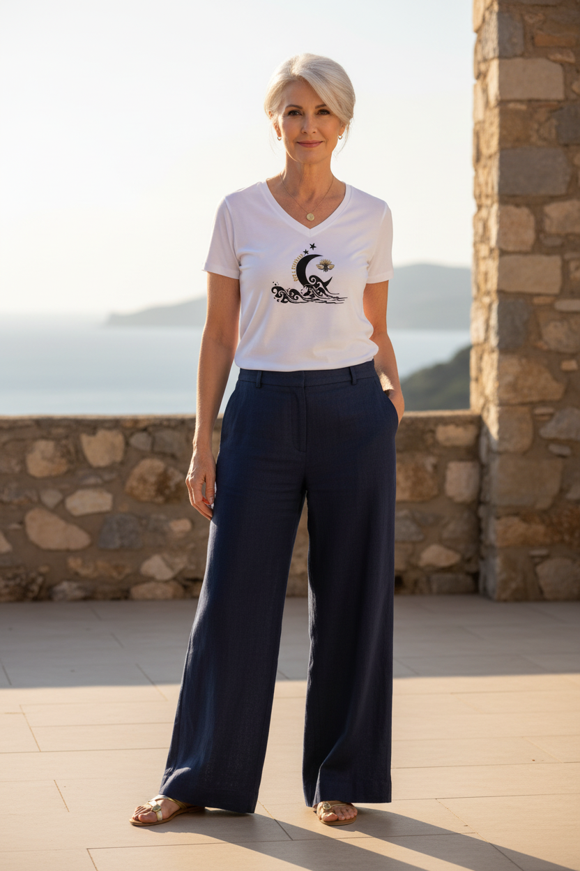 LE FANTASTIQUE – T-shirt col V collector femme blanc design lune vagues cigale dorée, femme élégante en terrasse méditerranéenne vue mer, DELPHINUS