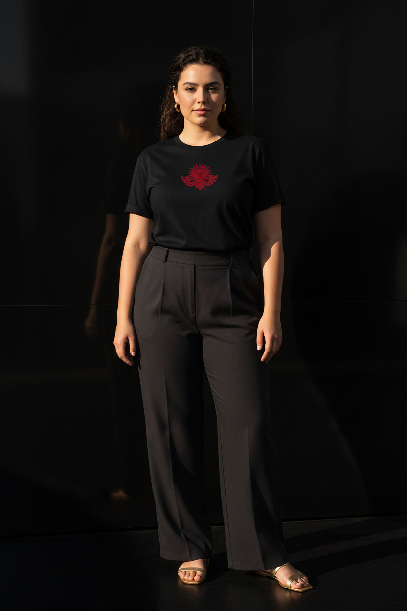 LA SINGULIÈRE – T-shirt unisexe noir logo cigale bordeaux centré, femme jeune curve naturelle et moderne, ambiance premium, DELPHINUS