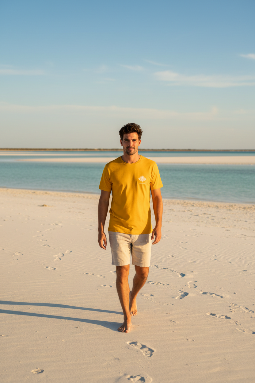 LE JUILLETISTE Sun Yellow – T-shirt unisexe jaune doré logo cigale blanc, couple élégant marchant pieds nus sur la plage de Camargue au coucher de soleil, DELPHINUS