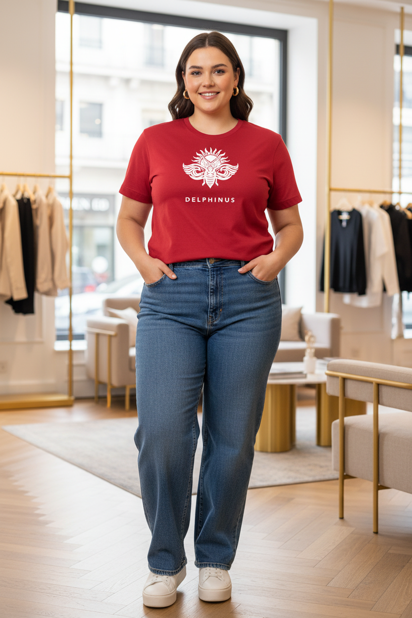 L'ABSOLU – T-shirt unisexe rouge logo cigale blanc centré, femme jeune curve naturelle et moderne, couloir luxe, DELPHINUS